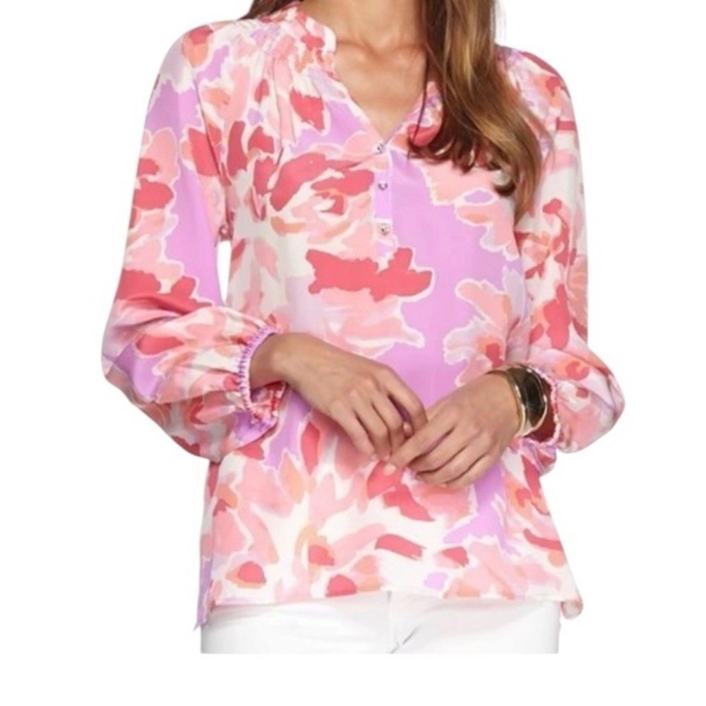 Lilly Pulitzer Pink Purple Watercolor Floral Elsa Silk Top Womens Size XS